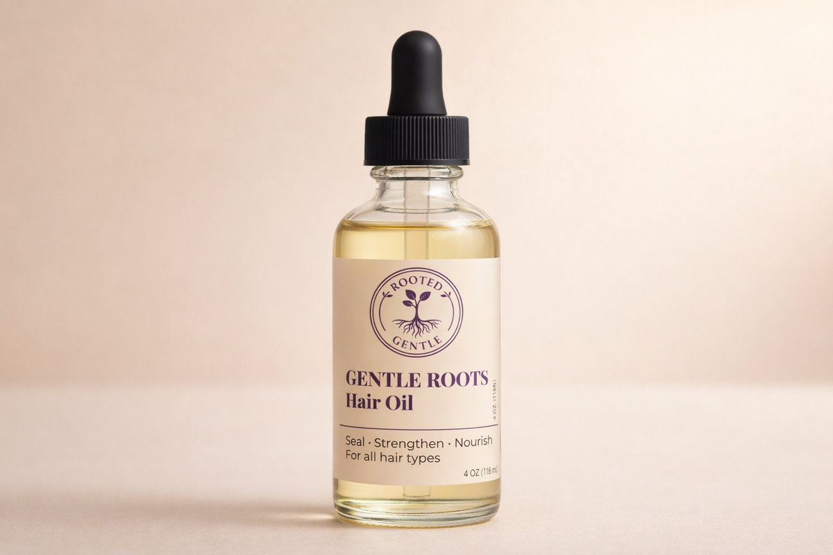 Gentle Roots hair oil by Rooted & Gentle in a clear glass bottle with a dropper neutral label on a light background.